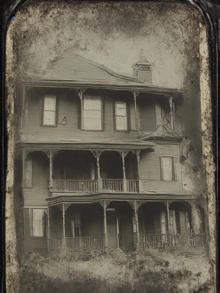 Image similar to tintype photograph. beautiful exterior view of an old victorian house. a creepy man's face is in the window