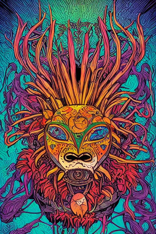 Image similar to animal mask totem roots flower tribal feather gemstone plant wood rock shaman vodoo video game vector cutout illustration vivid multicolor borderlands comics by josan gonzales and dan mumford radiating a glowing aura