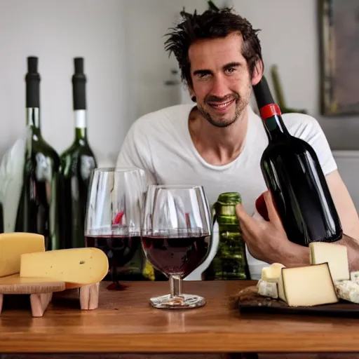 Prompt: photograph of a frenchman seated at a table with a bottle of wine and a cheese in 2 0 2 0. in color, 5 0 mm