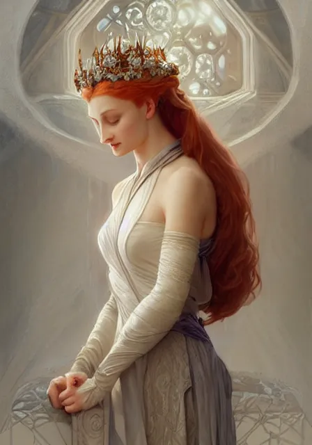 Image similar to sansa ice queen, intricate, elegant, highly detailed, digital painting, artstation, concept art, smooth, sharp focus, illustration, art by artgerm and greg rutkowski and alphonse mucha and william - adolphe bouguereau