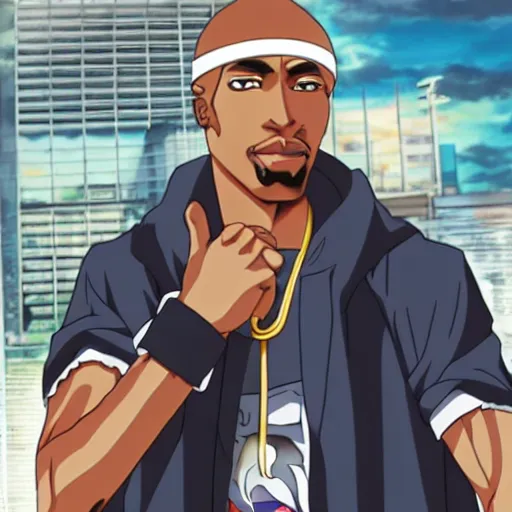 Image similar to Tupac Shakur, screenshot from a 2012s anime