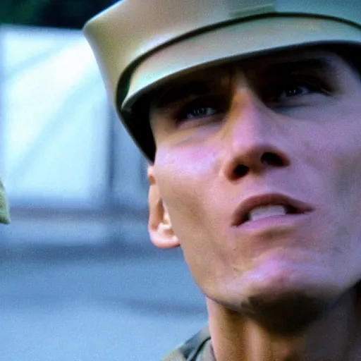 Image similar to Live Action Still of Jerma in Full Metal Jacket, real life, hyperrealistic, ultra realistic, realistic, highly detailed, epic, HD quality, 8k resolution, body and headshot, film still