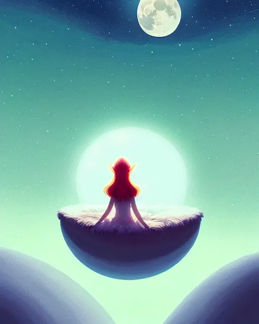 Image similar to beautiful painting of elven sitting on her flying bed and looking at the moon, art by mike winkelmann and by petros afshar, sky night, illustration, highly detailed, simple, smooth and clean vector curves, no jagged lines, vector art, smooth, artstation