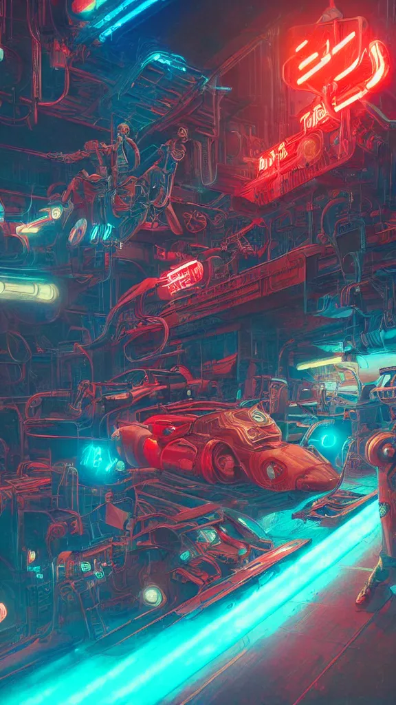 Image similar to concept art, retro - futurist steampunk pilots hang out, octane render, artstation, dramatic neon lighting, reflections, glowing imperial motifs, red turquoise accents, bladerunner, by gerald brom, james jean, syd mead, akihiko yoshida, cinematic