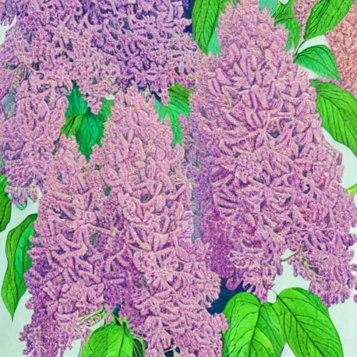 Prompt: a vibrant, hyper-detailed, hand-colored, lithograph of lilacs, by Elizabeth Twinning
