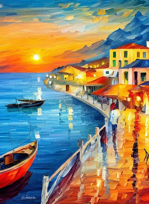 Image similar to beautiful seaside greek village and boats at sunset in the style of leonid afremov