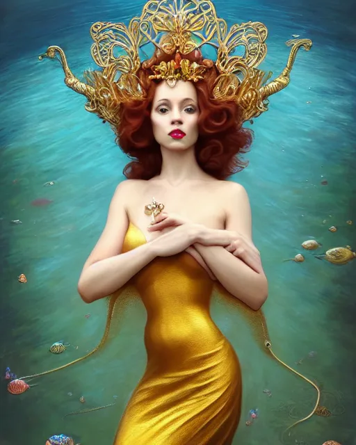 Prompt: a beautiful goldfish woman, pinup pose, long hair, tall and thin, wearing dozens of pendants and a gown of gold, small delicate crown of the sea on her head, illustration, symmetry accurate features, volumetric light clouds, ultra realist soft painting, (art nouveau), octane render, 8k, HD, by Tom Bagshaw, Brom, Charlie Bowater, faces by otto schmidt