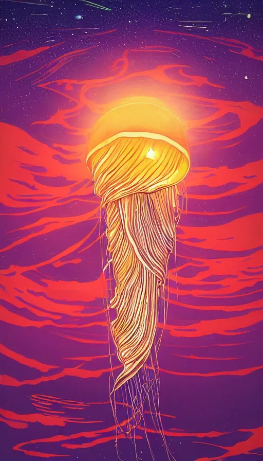 Prompt: Jellyfish floating in starlit sunset sky, italian futurism, Dan Mumford, da vinci, Josan Gonzalez