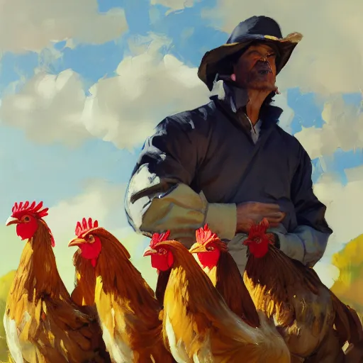 Prompt: the king of the chickens, artwork by greg manchess, medium shot, asymmetrical, organic painting, sunny day, matte painting, bold shapes, hard edges, street art, trending on artstation, by huang guangjian and gil elvgren and sachin teng