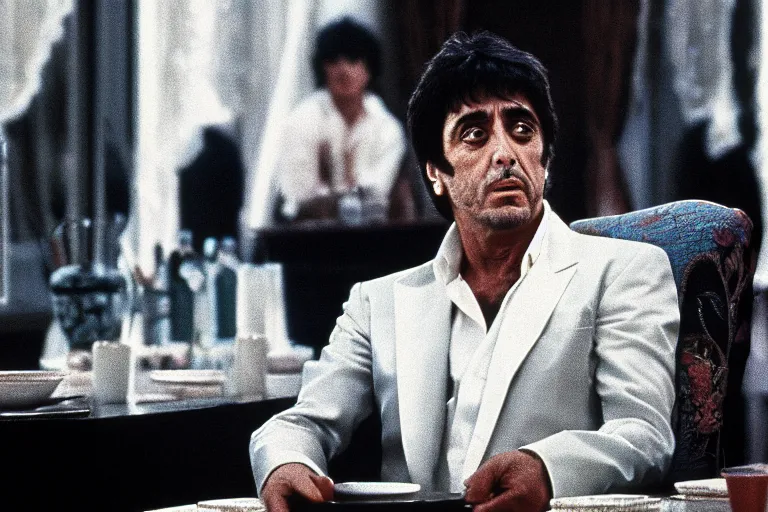 Prompt: tony montana from movie scarface 1 9 8 3 sitting at a big black oak table with big packages of flour. next to the night window. ( al pacino ). perfect symmetric face, coherent eyes,, fine details, 4 k, ron cobb, cinestill