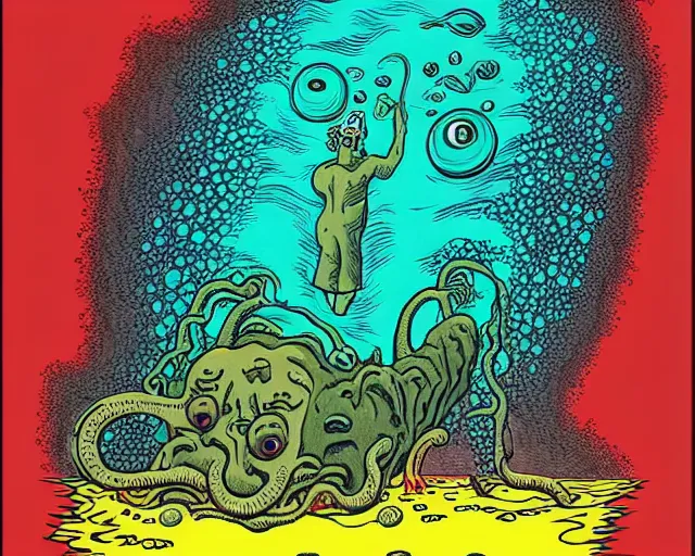 Image similar to h. p. lovecraft swimming in the ocean depths, cosmic horror painting, elegant intricate digital painting artstation concept art by basil wolverton by robert crumb by william eggleston detailed