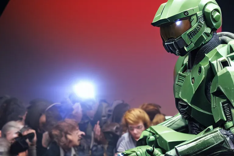 Image similar to master chief doing a ted talk