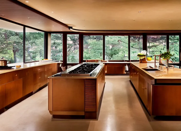 Prompt: a high end luxury kitchen designed by frank lloyd wright, interior design magazine photography