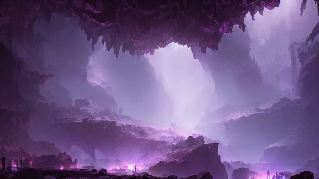 Prompt: A dark cave illuminated by large glowing violet crystal shards and veins, by greg rutkowski and thomas kinkade, ambient light, ultra detailed, 8k, trending on artstation, award winning, beautiful scenery, anime