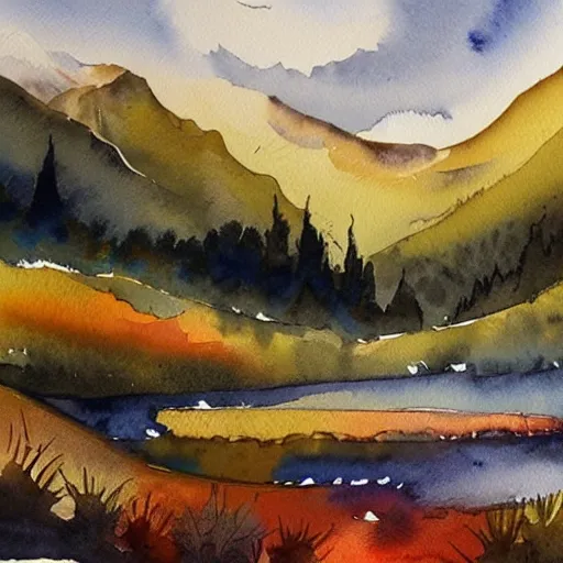 Prompt: landscape with serene mountains, very beautiful award-winning watercolor painting by a very talented artist