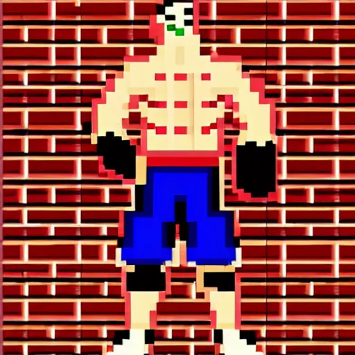 Prompt: full body portrait. 8 bit sega graphics. antropomorphic muscular masculine wolf, kickboxer fighter, in shorts, staying in front of brick wall. wolf head. furr on body