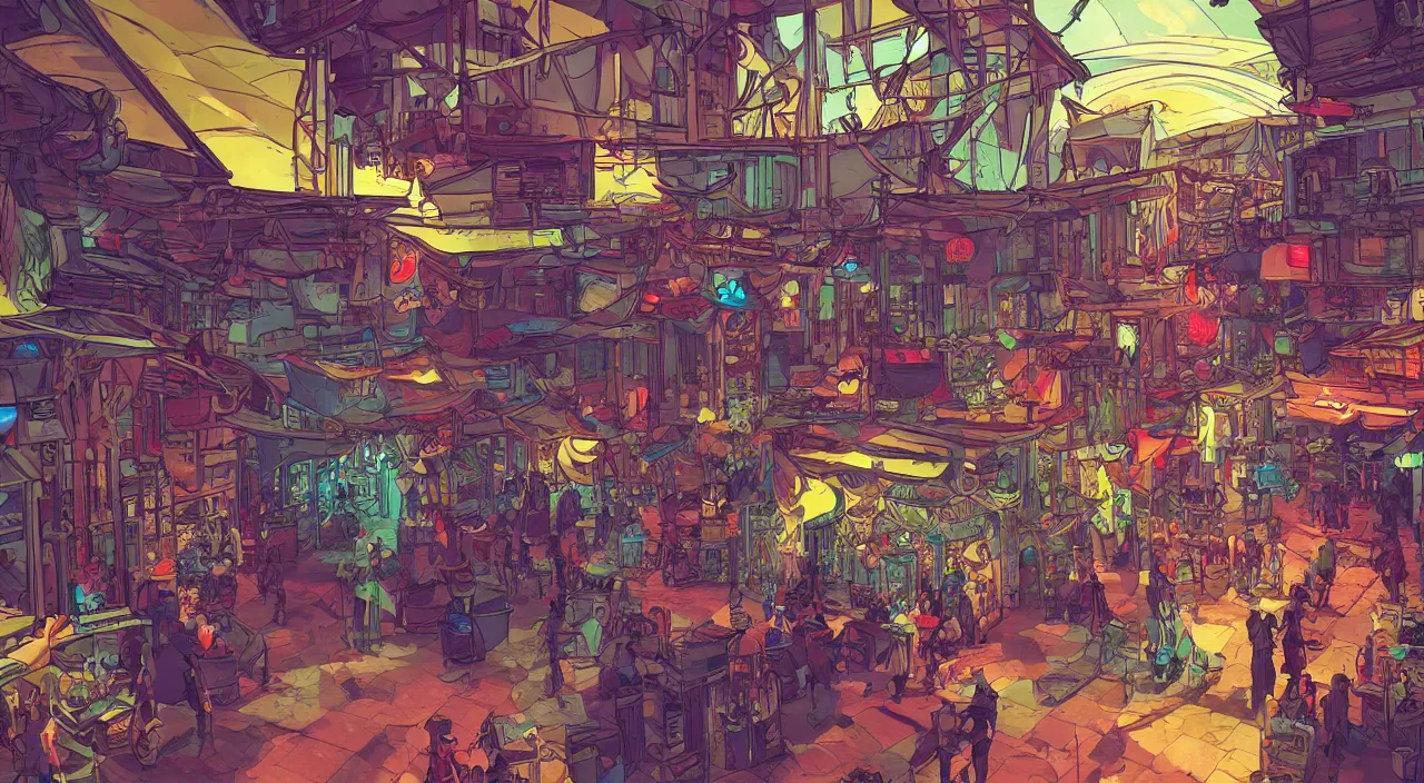 Image similar to bazaar zouk oriantal full color sky shine place mosquet painting stylized digital illustration video game icon global illumination ray tracing that looks like it is from borderlands and by feng zhu and loish and laurie greasley, victo ngai, andreas rocha, john harris