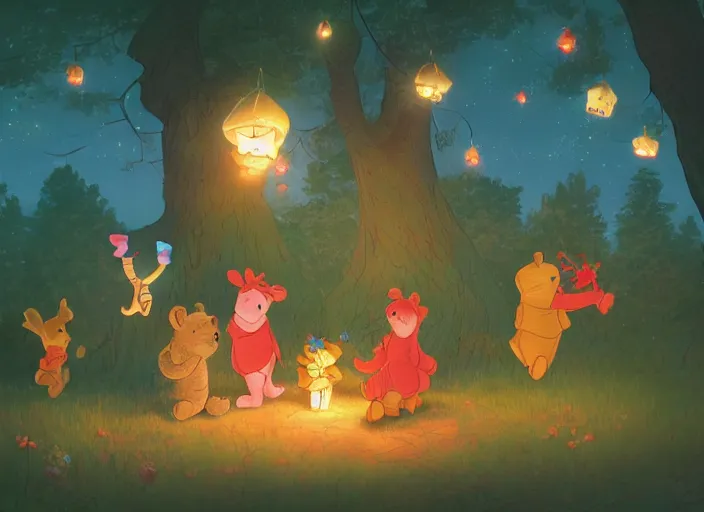 Image similar to concept art of a birthday party at night with winnie the pooh characters in the woods, paper lanterns and fairy lights, cel shaded, in the style of makoto shinkai and moebius and peter mohrbacher and anton fadeev