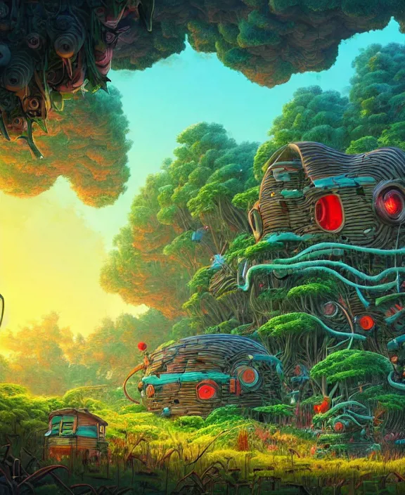 Prompt: a whimsical cabin made from robots, overgrown with huge exotic fungus, deep in the woods, cheerful, sunrise, by dan mumford, yusuke murata, makoto shinkai, ross tran, underwater, hellish, cinematic, unreal engine, cel shaded, featured on artstation, pixiv