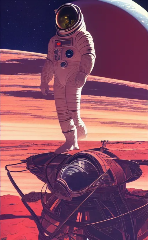 Prompt: syd mead artwork of a futuristic astronaut abandoned on a red ocean planet, lonely future cosmonaut abandoned on world of red water, detailed 4k stylized sci-fi artwork