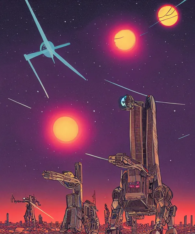 Image similar to gigantic solar robots towering over a small city meteor in the dark starry sky by laurie greasley and kelly freas