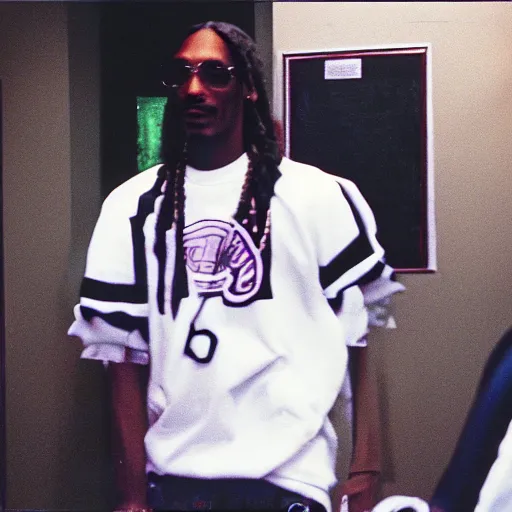 Image similar to 1990s Hi-8 footage of Snoop Dogg in High School, candid portrait photograph, 40mm