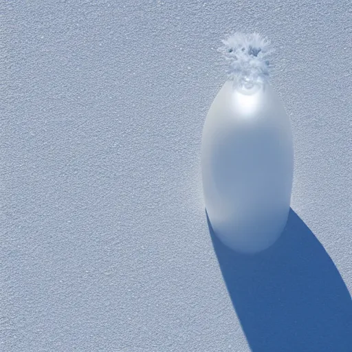 Prompt: perfume bottle buried in white glitter on a zen clean modern minimalist beach with an ocean view, frozen and covered in ice, by peter tarka in an ivory room well contoured smooth fair walls, zaha hadid octane highly render, 4 k, ultra hd,