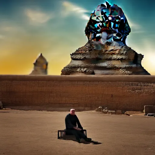 Image similar to bald man sitting on a bench in front of the sphinx, hyper realistic, hdr