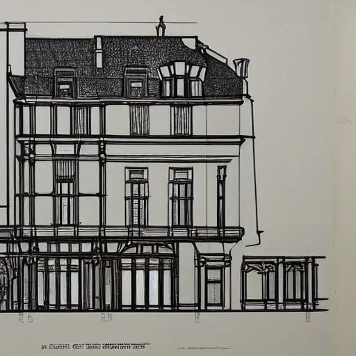 Prompt: Architectural plan of an art nouveau house in Brussels designed by Victor Horta.