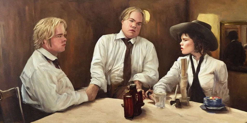 Prompt: oil painting of Phillip Seymour Hoffman as an old west banker and Mila Jovovich in a busy old west town