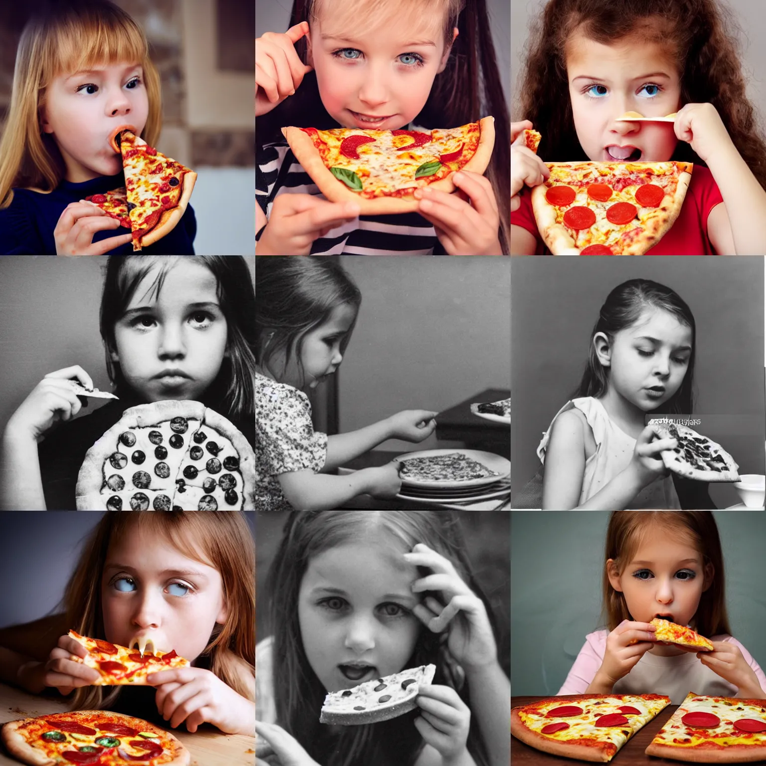 Prompt: a young girl eating a very tasty looking slice of pizza, professional old photo, very detailed, realistic, intricate details
