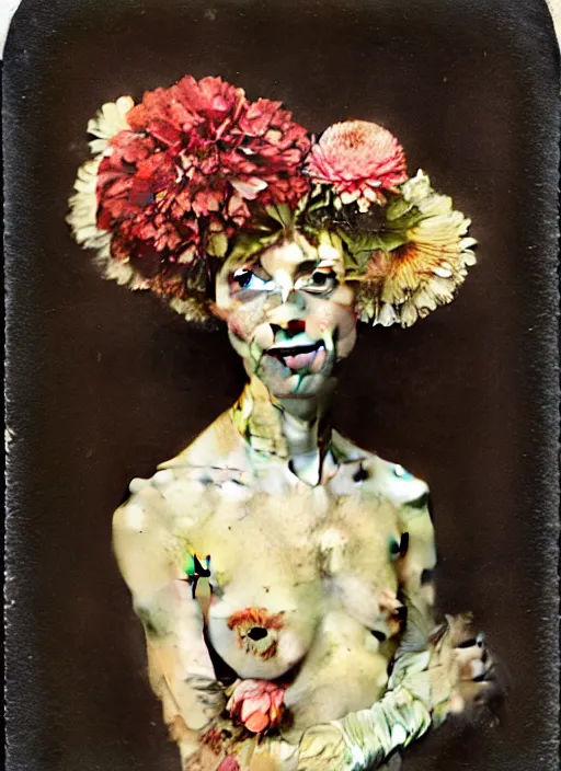 Image similar to beautiful and detailed rotten woman made of plants and many types of stylized flowers like carnation, chrysanthemum, roses and tulips, ornamentation, rococo, intricate, surreal, john constable, guy denning, gustave courbet, caravaggio, romero ressendi 1 9 1 0 polaroid photo