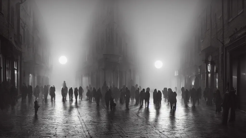 Image similar to dim sun over a crowd of people on street of the old town with houses in the windows of which the light is on. early morning, fog on ground, wet street. mike barr painting. volumetric light, dull colors, dark, noir arthouse, 3 5 mm, hight detalied, hd, 4 k