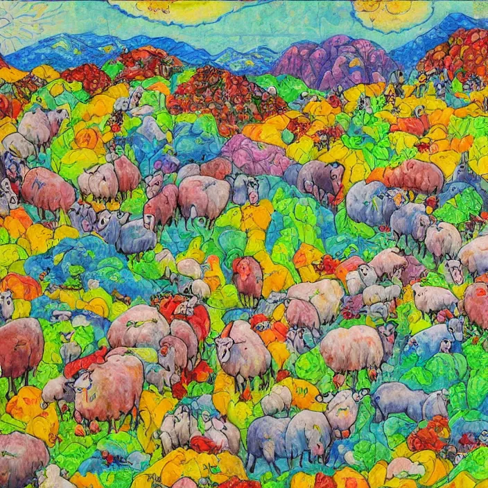 Image similar to a herd of sheep hopping over mountains of gigantic fruit, naivistic art, childrens drawing, outsider art, expressive, colorful