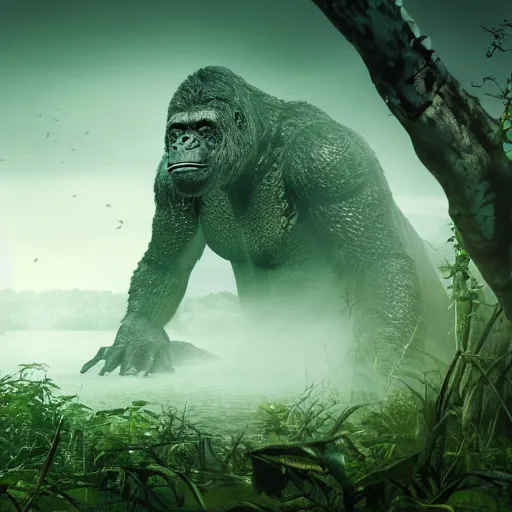 Prompt: A photograph of a giant monster lurking in the swamp, crocodile, mangrove swamp, murky water, (vines), gorilla, trending on artstation, bog, ((tiger)), Godzilla, (((dragonfly))), ((mist)), bugs