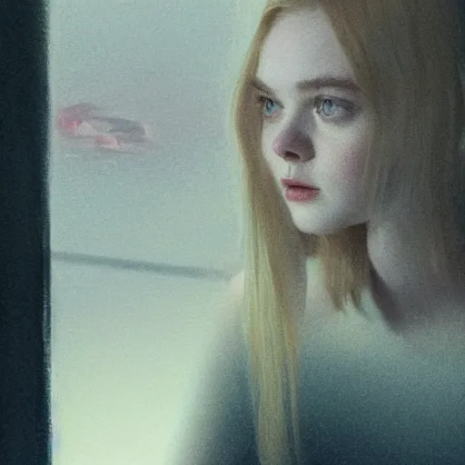 Prompt: Elle Fanning at night in the world of John Sargent, stormy weather, extremely detailed masterpiece, oil on canvas, low-key neon lighting, artstation, Blade Runner 2049, Roger Deakin’s cinematography, by J. C. John Sargent and Edward Hopper,