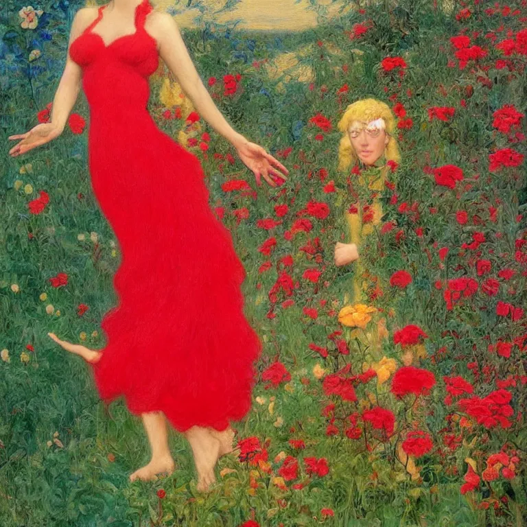 Prompt: Standing woman in a Red dress, with white hair on a golden background, with pink flowers photorealism Edward Robert Hughes,Stanisław Szukalski and Roger Dean