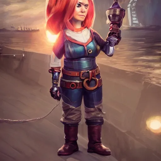 Image similar to extremely realistic portrait of a real life female gnome mechanic artificer character, one prosthetic arm metallic gauntlet, standing on a boat with naval background, trending on artstation, heroic pose, highly detailed, 8k