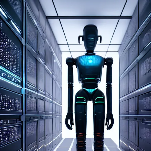 Prompt: hyperrealism stock photo of highly detailed stylish humanoid robot in futuristic sci - fi style by gragory crewdson and vincent di fate in the highly detailed data center by mike winkelmann and laurie greasley rendered in blender and octane render