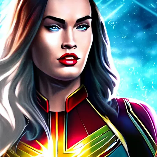 Image similar to Megan Fox as Captain Marvel, digital art, artstation