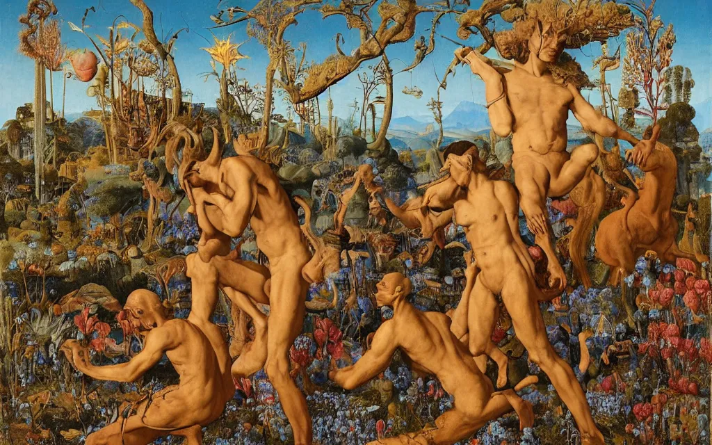 Image similar to a portrait photograph of a meditating satyr and a centaur monk riding a rocket machine and hunting at a river delta. surrounded by bulbous flowers and trees. mountain range under a blue sky of fiery stars. by jan van eyck, max ernst, ernst haeckel, ernst fuchs and artgerm, cgsociety, fashion editorial, 8 k