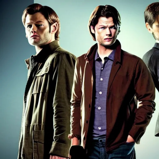 Image similar to sam winchester, dean winchester and castiel from supernatural in an epic pose with epic lighting