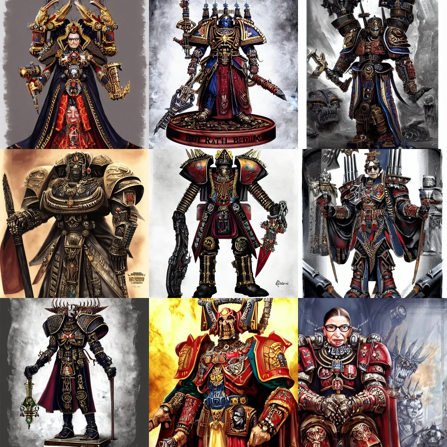 Prompt: a photo of Ruth Bader Ginsburg as The Emperor of All Mankind. Warhammer 40k official concept art.