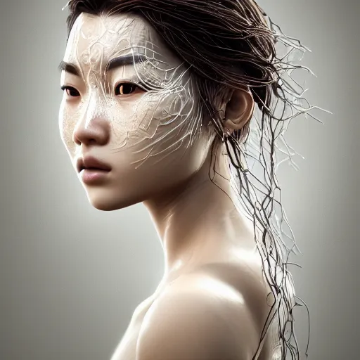 Prompt: intricate highly detailed face portrait of asian - european woman, light white water vines on her face, intricate, cgsociety, unreal engine, octane render, sharp focus, smooth, volumetric lighting, cinematic composition, artstation