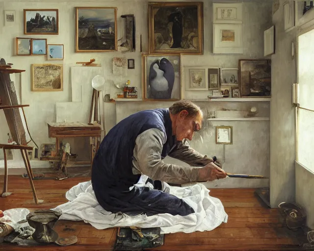 Prompt: an exhausted painter in his studio painting a picture of a sexy penguin - key lighting, soft lights, foggy, by steve hanks, by edgar maxence, by caravaggio, by michael whelan, by delacroix, by lisa yuskavage, by serov valentin, by tarkovsky, 8 k render, detailed, oil on canvas