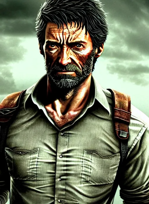 Prompt: hugh jackman as joel from the last of us, character concept art, hyperrealistic, detailed, accurate illustration, dramatic lighting