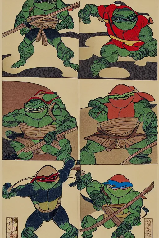 Image similar to Four Teenage Mutant Ninja Turtles, Japanese ukiyo-e ukiyo-ye woodblock print, by Moronobu