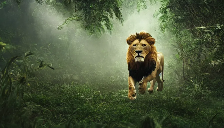 Prompt: a cinematic of a lion running through a jungle, motion blur, cool, stunning, award winning, detailed, fantasy artwork, 8 k, raytracing, dynamic lighting