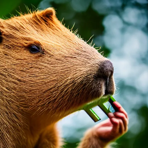 Prompt: cute capybara eating a neon nvidia gpu, chewing on a video card, cooling fans, soft blue lights, wildlife photography, bokeh, sharp focus, 3 5 mm, taken by sony a 7 r, 4 k, award winning