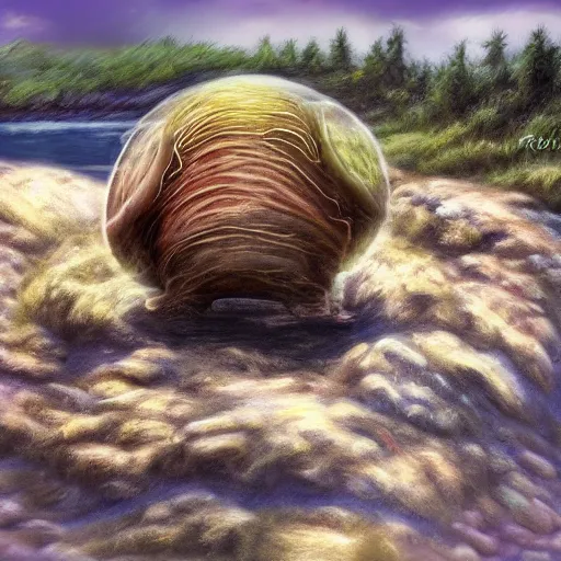 Prompt: giant tardigrade, at a river, photorealistic